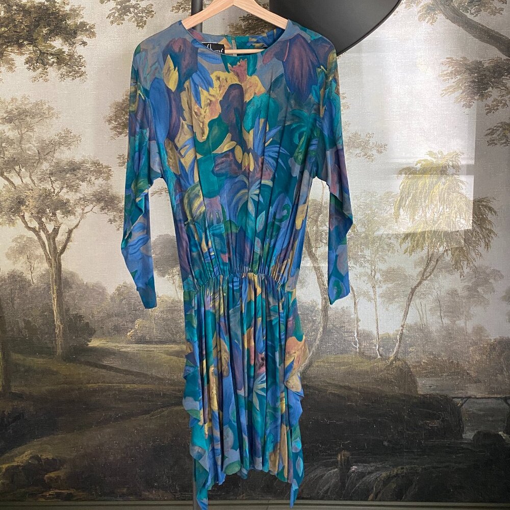 Reformation-Style Green and Blue Floral Dress with Flowing Skirt - Size 2